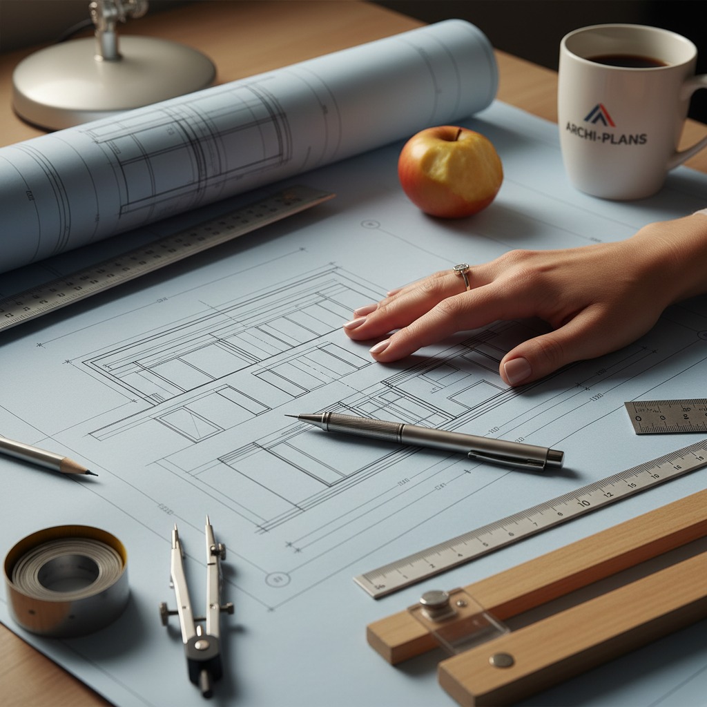 A hand rests on a set of architectural blueprints spread across a desk alongside a drafting pen, rulers, a compass, and a coffee mug.